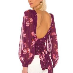 LPA Plum Floral Open-Back Blouse with Pink Blossoms